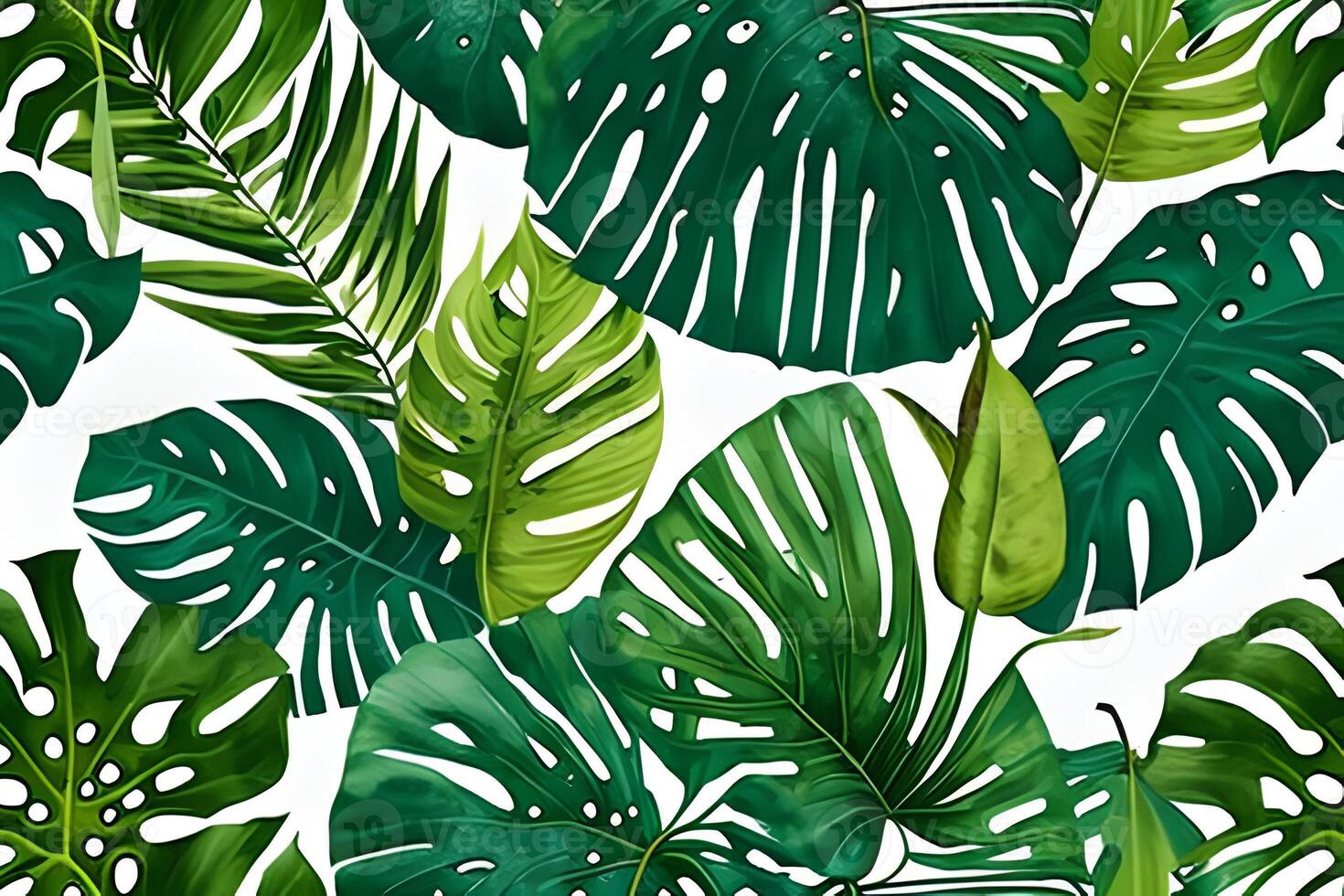 Abstract various monstera green leaves seamless pattern on blue background. Leaf clip texture and pattern. photo