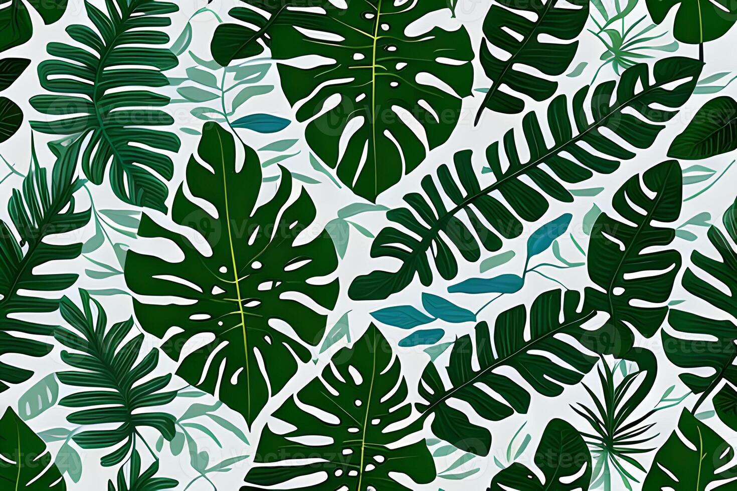 Abstract various monstera green leaves seamless pattern on blue background. Leaf clip texture and pattern. photo