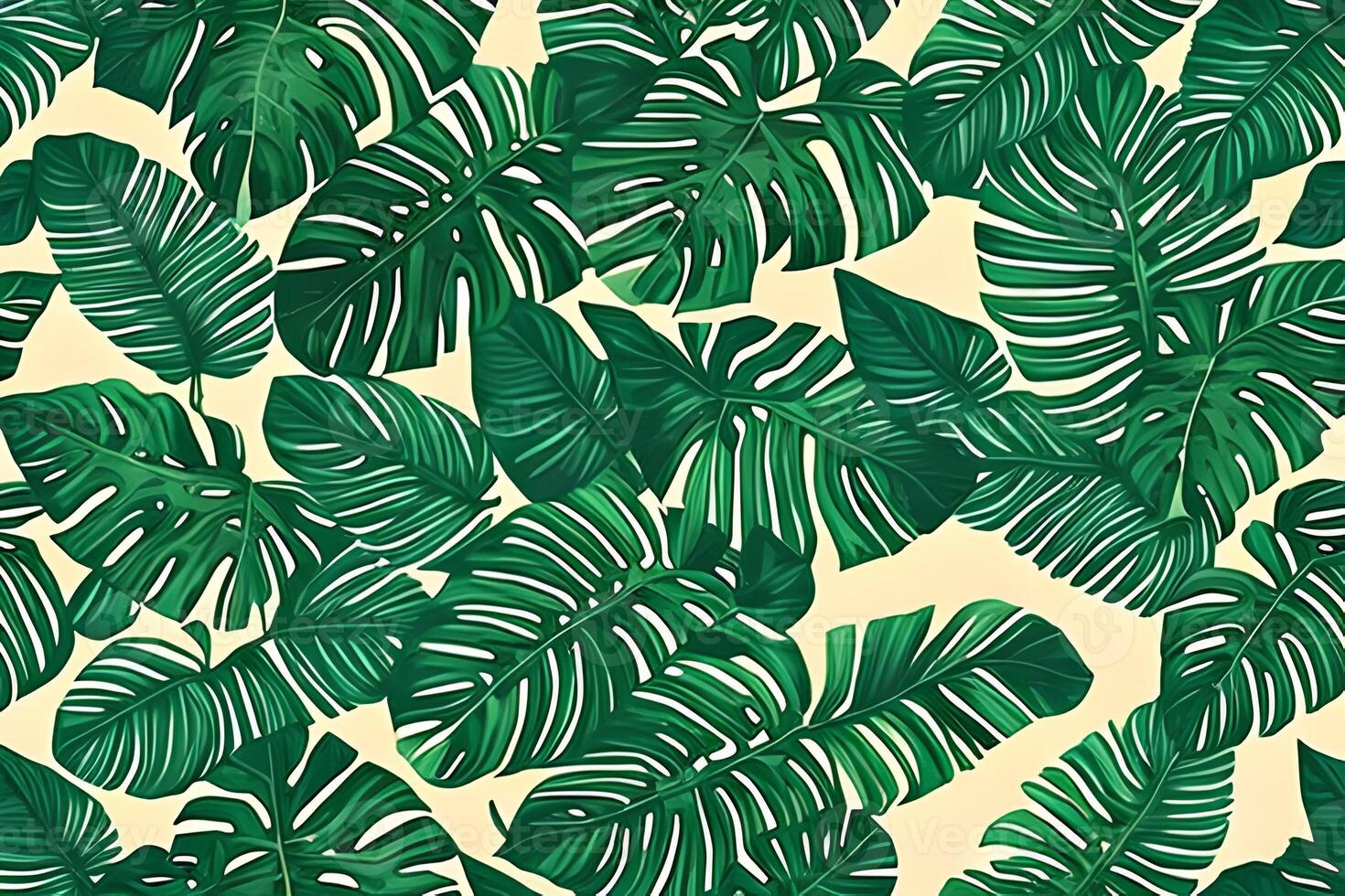 Abstract various monstera green leaves seamless pattern on blue background. Leaf clip texture and pattern. photo