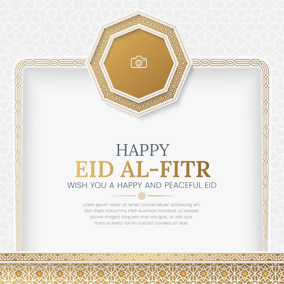 Eid Mubarak Arabic Islamic social media post design with arabesque border and photo frame vector