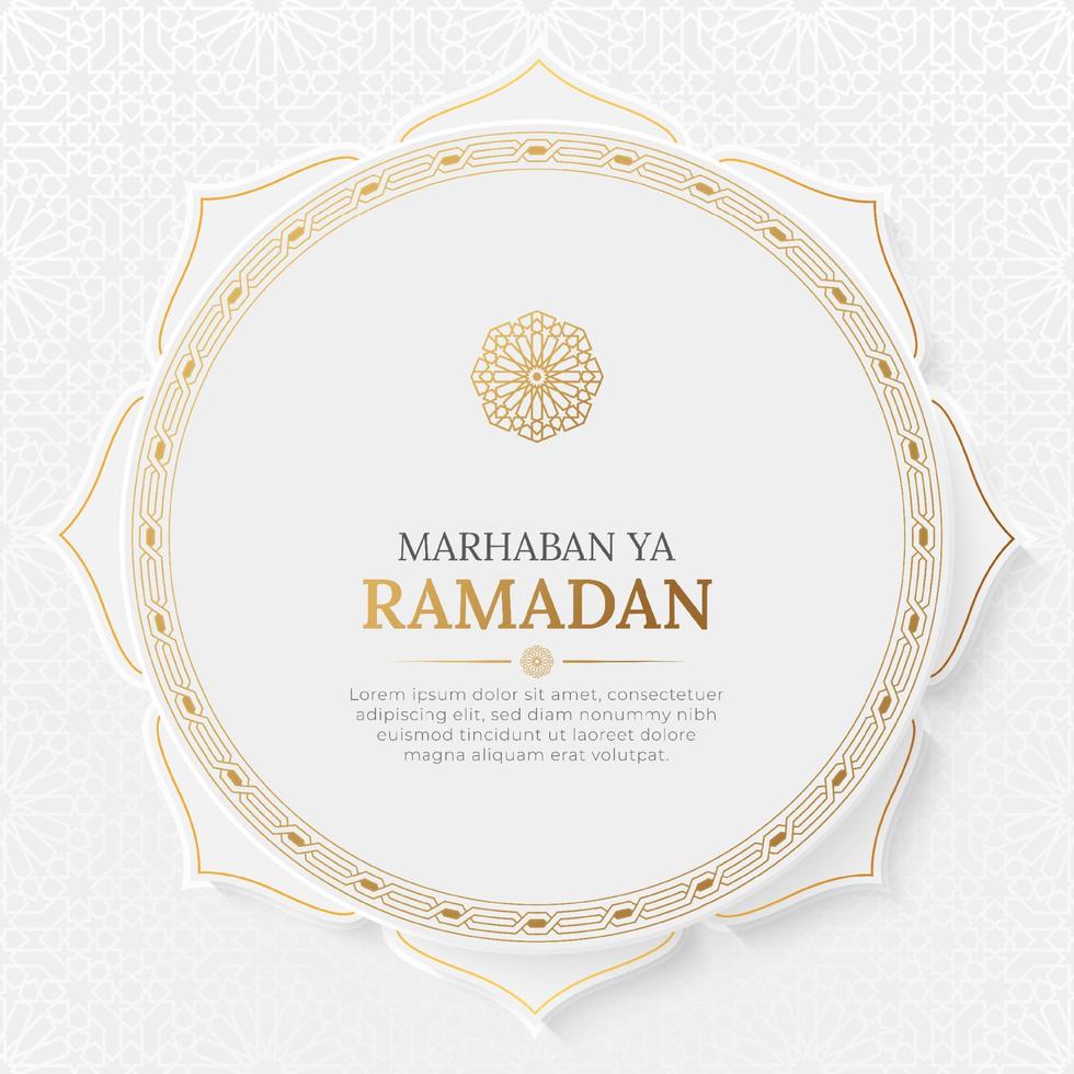 Marhaban Ya Ramadan elegant white and golden greeting card social media post template vector