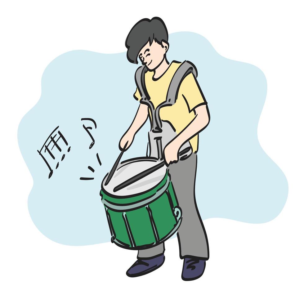 line art boy playing marching snare illustration vector hand drawn isolated on white background