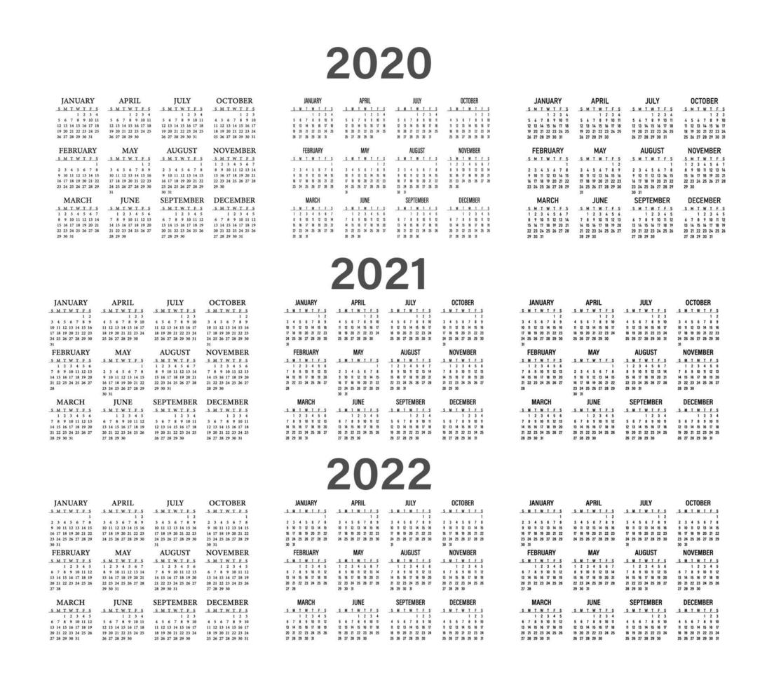 Calendar 2020, 2021, 2022 different calendar of year. Different font type vector calendar, Vector.