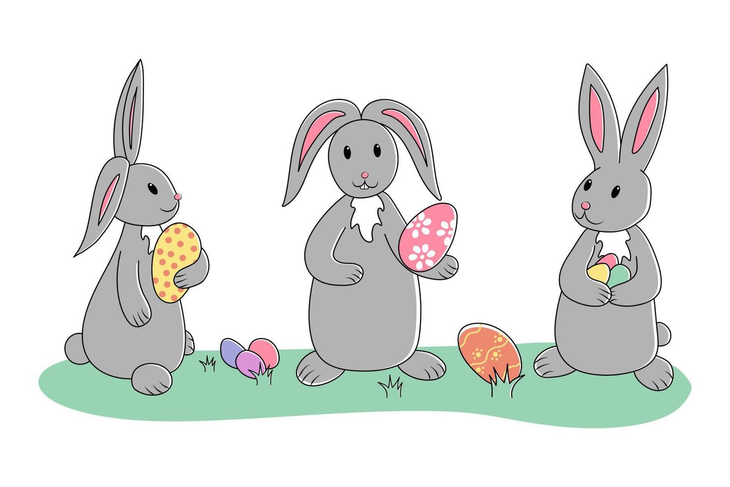 Grey easter rabbits with colored and decorated eggs in paws and on the green grass. Isolated illustration on the white background. Cartoon holiday vector characters. Greeting card, poster