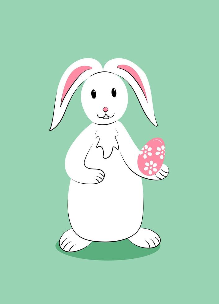 White cute easter sitting rabbit with decorated egg. Isolated illustration on pastel green background. Cartoon holiday vector character