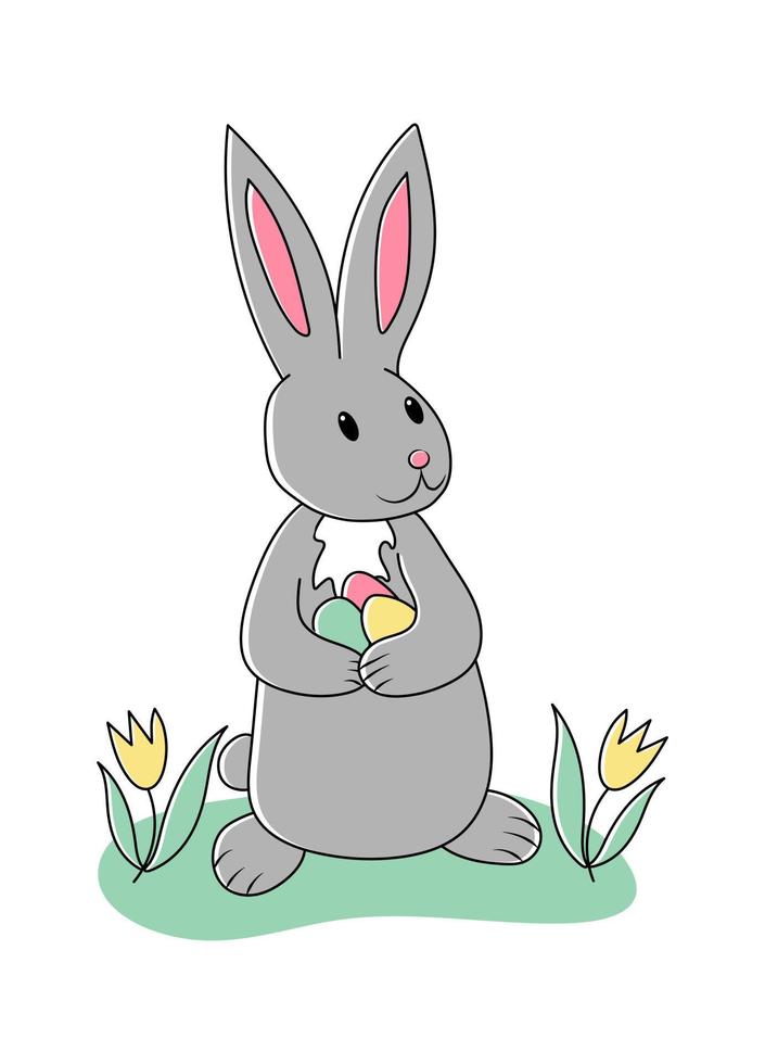 Grey easter rabbit with colored eggs in paws and yellow tulips on the green grass. Isolated illustration on the white background. Cartoon holiday vector character