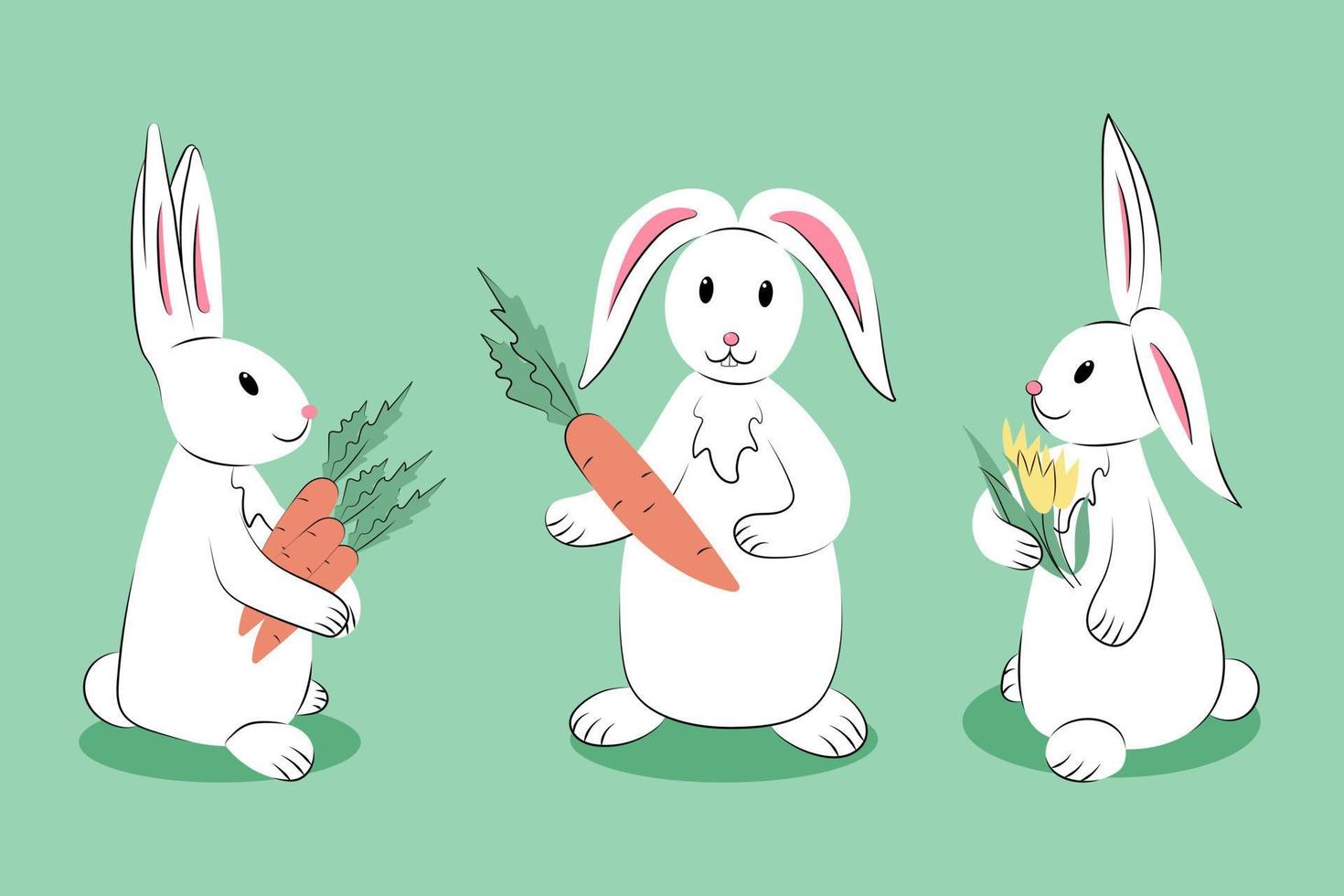Cute white rabbits with carrots and tulips in paws. Isolated illustration on pastel green background. Cartoon vector characters. Greeting card, poster