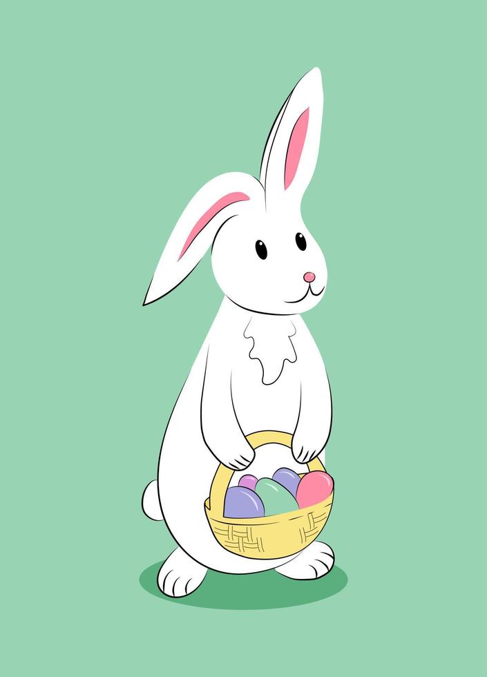 White cute easter rabbit with basket colored eggs. Isolated illustration on pastel green background. Cartoon holiday vector character