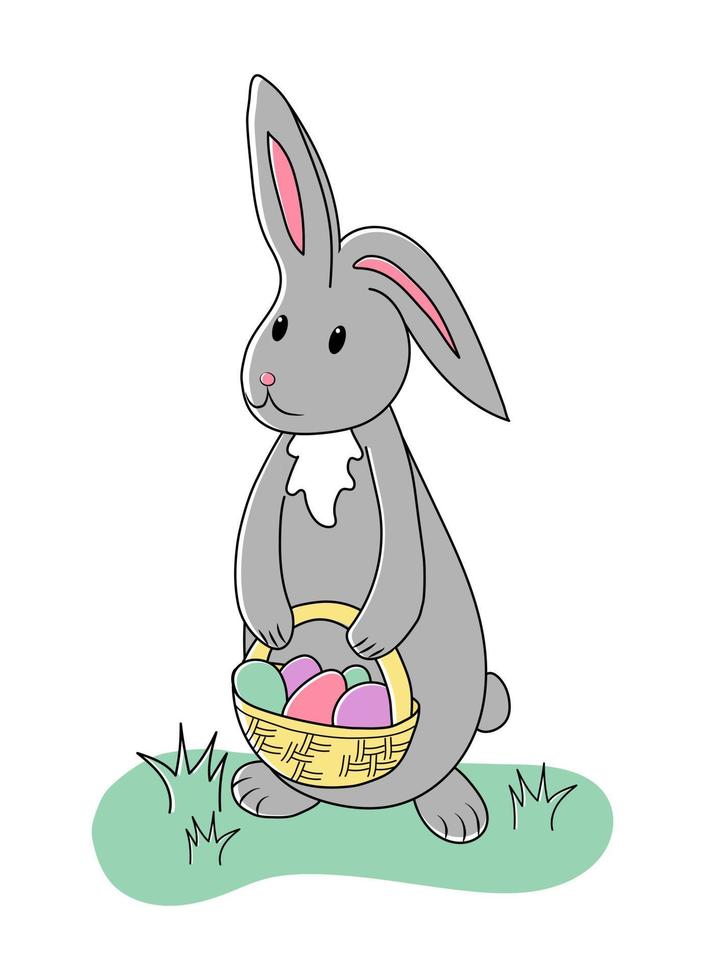 Grey easter rabbit and basket with colored eggs on the green grass. Isolated illustration on the white background. Cartoon holiday vector character