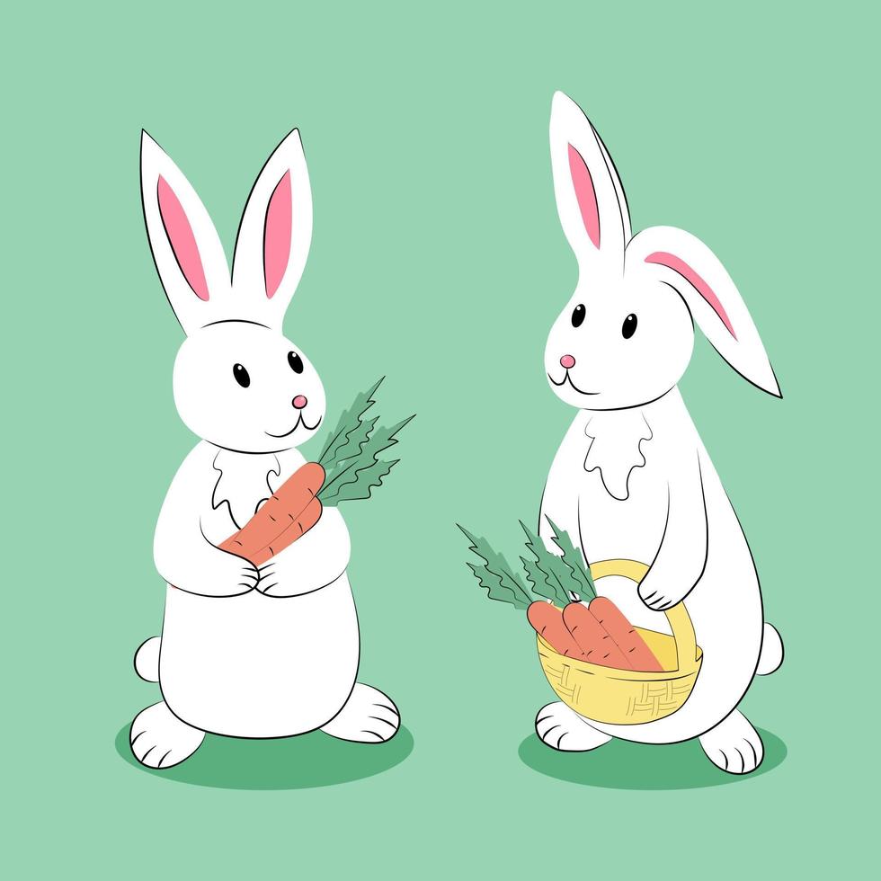 Cute white rabbits with basket and carrots in paws. Isolated illustration on pastel green background. Cartoon vector characters. Greeting card, poster