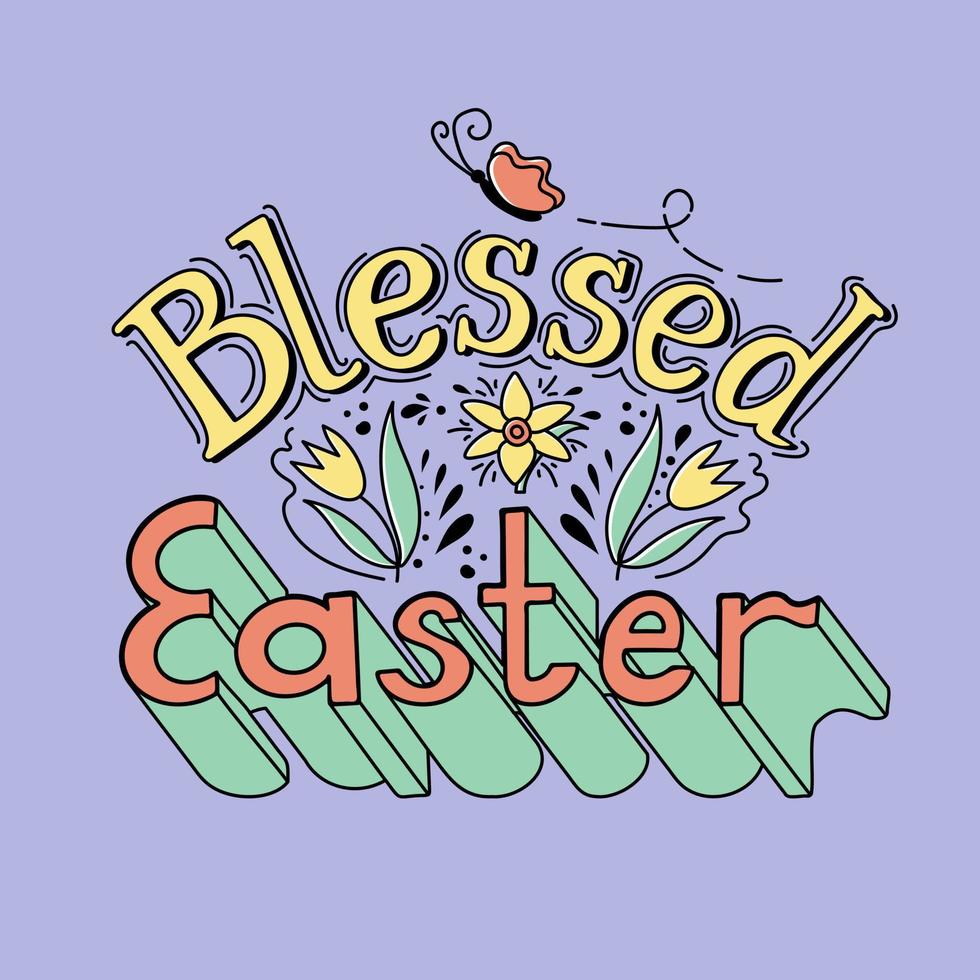 Nostalgia flat vector outline illustration Blessed Easter Flat retro style lettering in pastel colors with spring related elements. Perfect for post, poster, postcard, cover, background, textile print