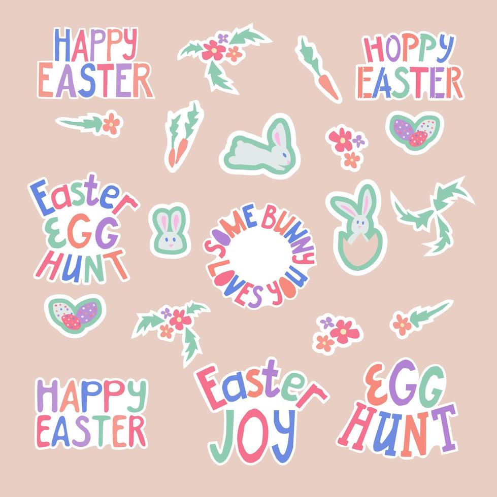 Collection of easter vector flat cutout lettering with ester related elements. Set of stickers. Unique design in candy pastel colors