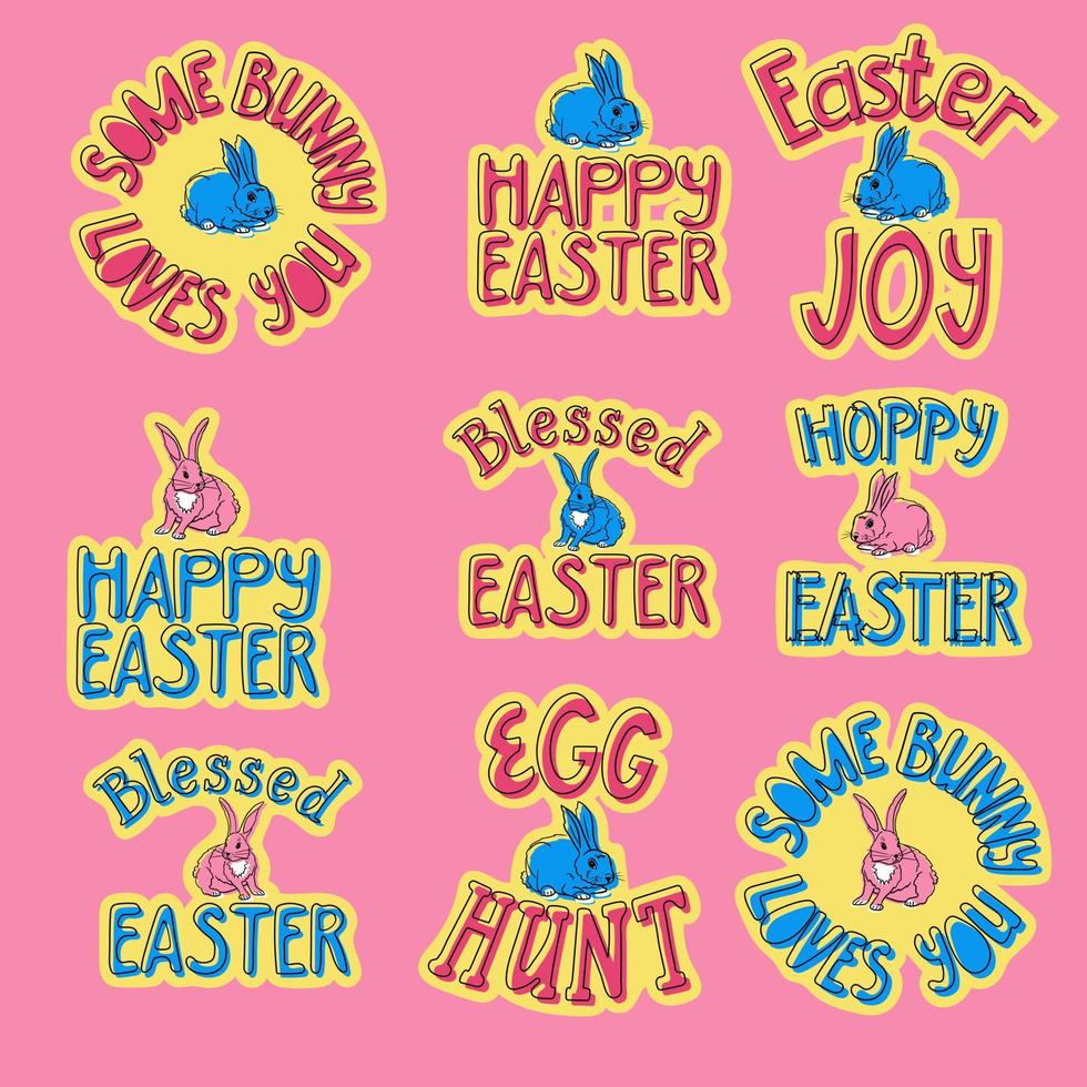 Collection of easter vector flat minimalistic lettering with rabbit. Set of stickers. Unique design in bold colors