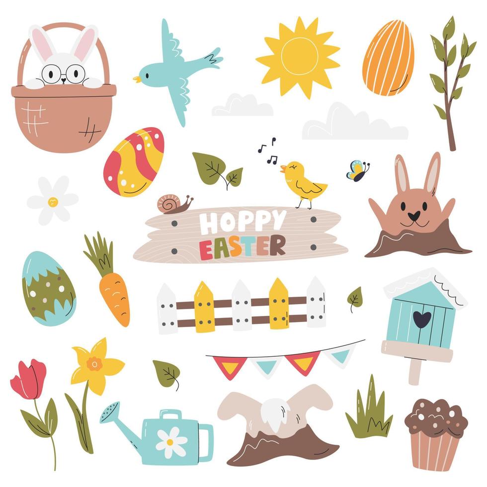 Easter religious holiday element collection. Seasonal stickers set with bunnies and spring objects. Happy Easter handwritten lettering concept. Hand drawn flat vector illustration isolated on white