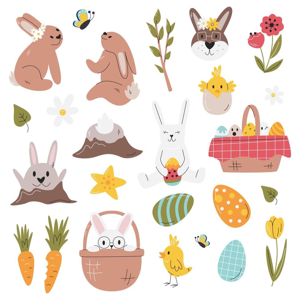 Different rabbits with easter traditional objects isolated. Cute bunnies with flowers and painted eggs concept. Hare in basket and rabbit hole. Easter hand drawn flat vector illustration with chick