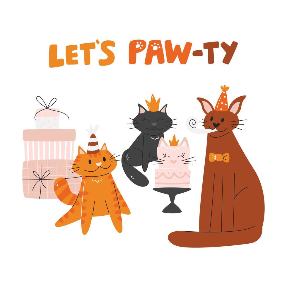 Let\'s paw-ty greeting card. Pawty concept design with different ...