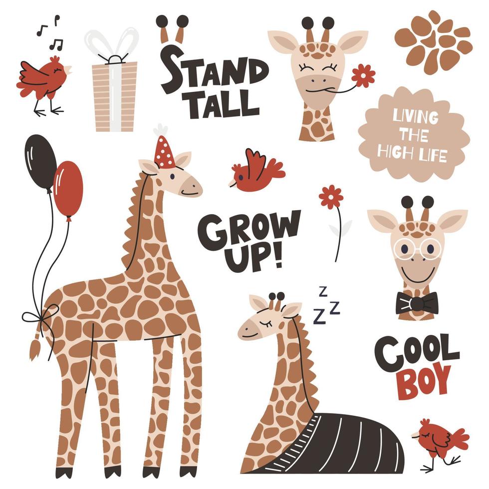 Giraffe birthday boy with balloons and b-day hat. African wild animal collection. Funny red bird and giraffe characters. Cute nursery mascot set. Hand drawn flat vector illustration isolated on white