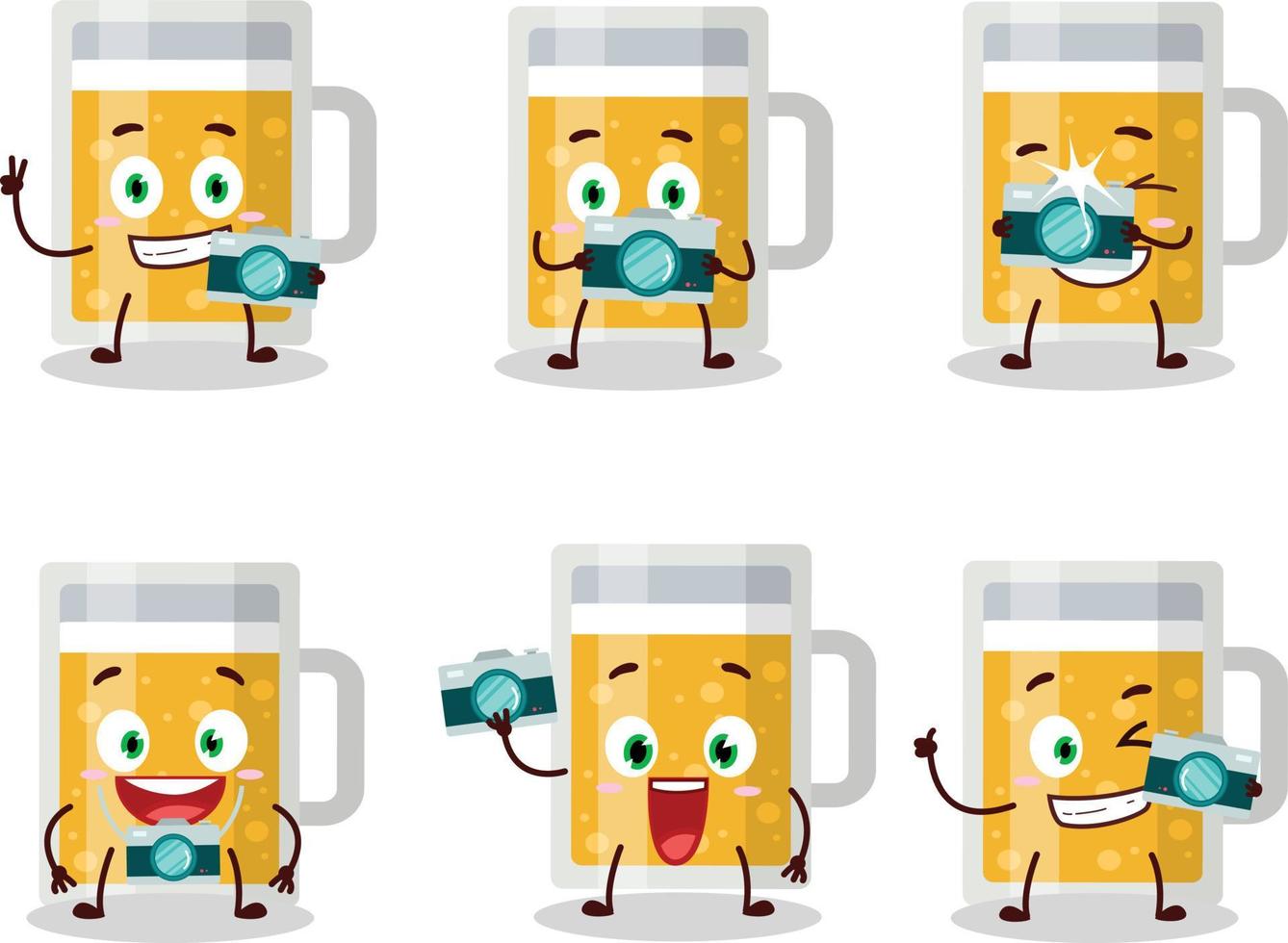 Photographer profession emoticon with mug of beer cartoon character vector