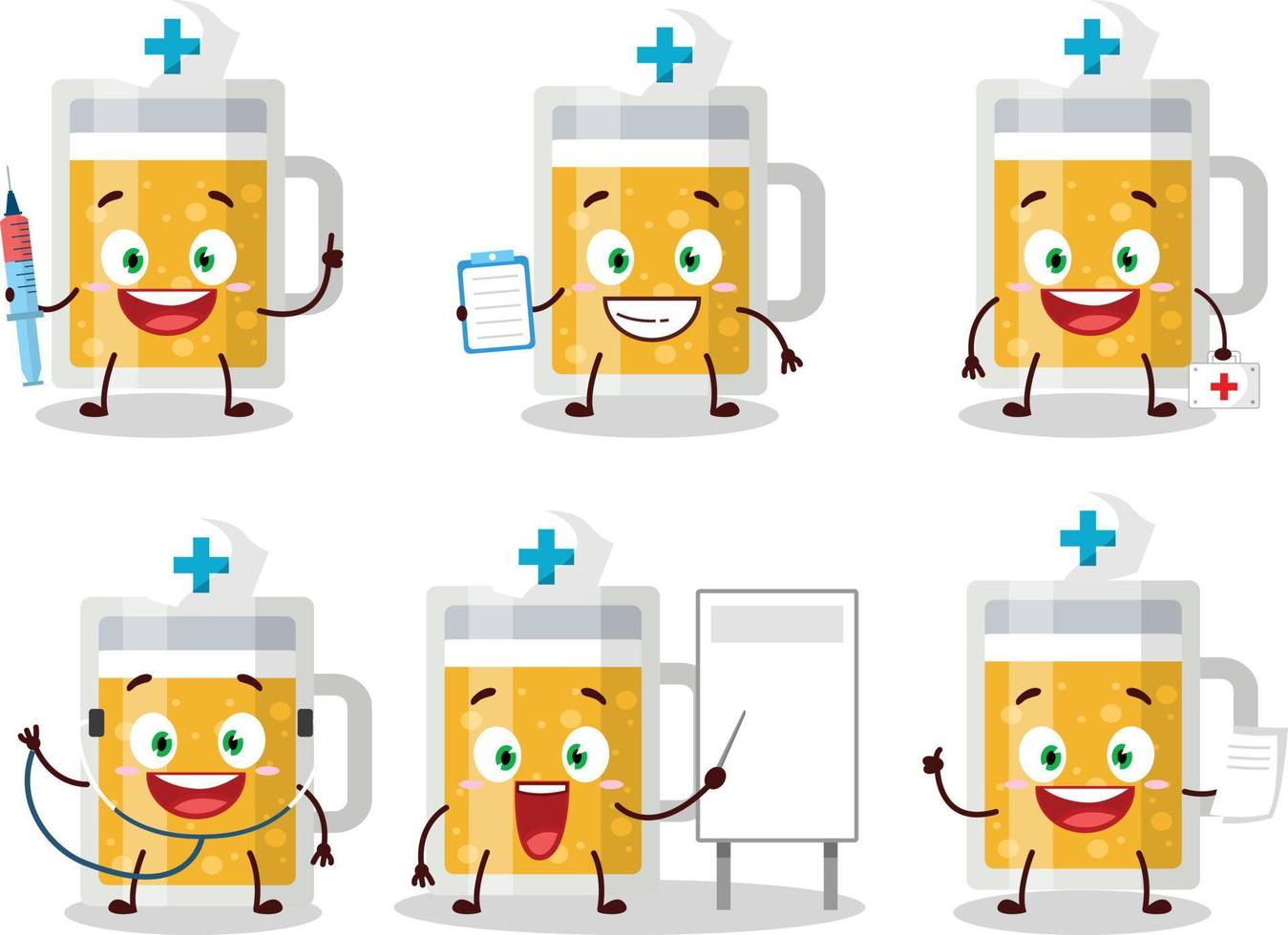 Doctor profession emoticon with mug of beer cartoon character vector