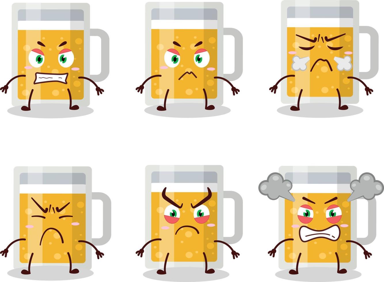 jarra de cerveza dibujos animados personaje con varios enojado expresiones vector