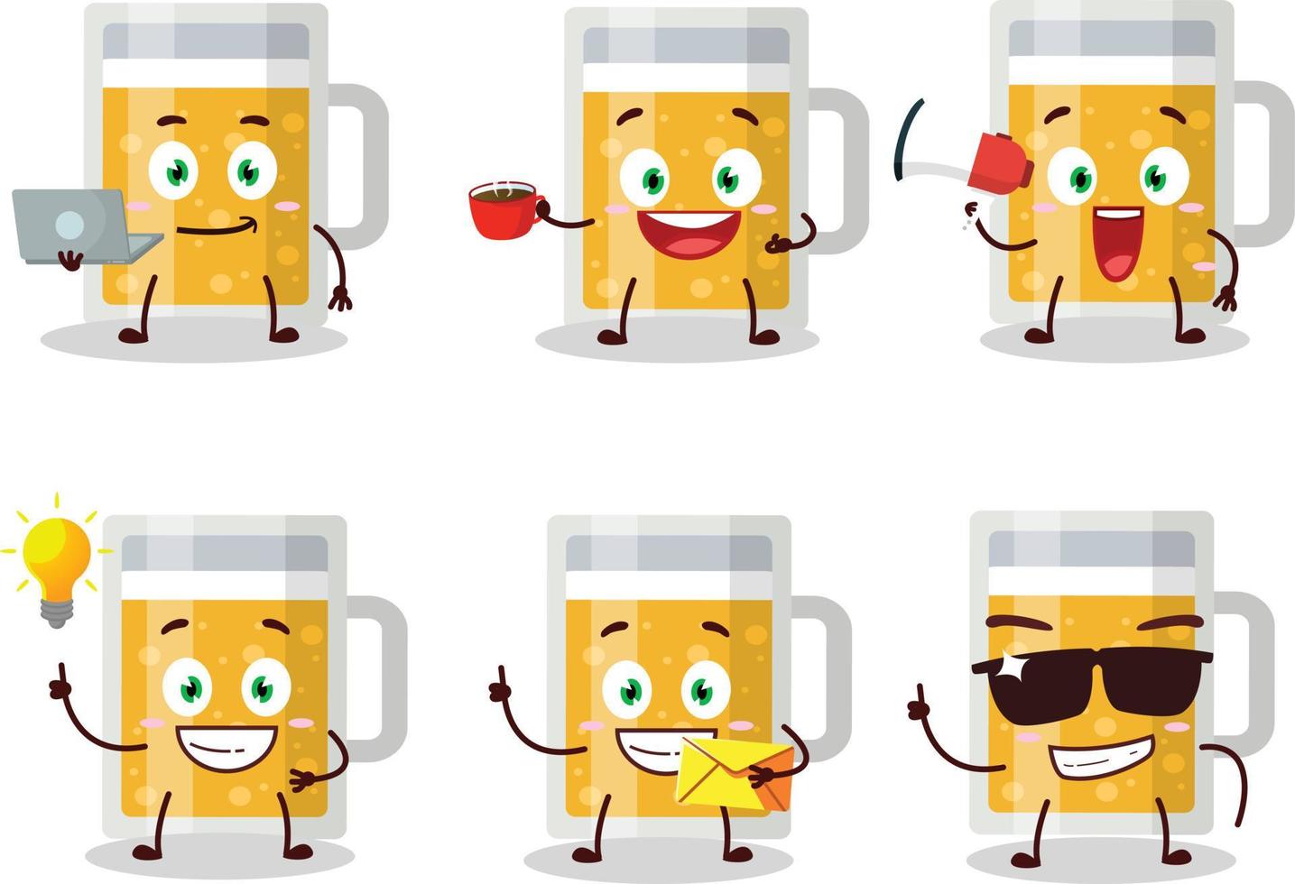 jarra de cerveza dibujos animados personaje con varios tipos de negocio emoticones vector