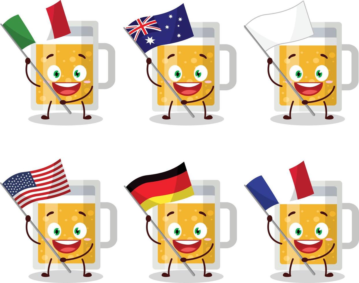 Mug of beer cartoon character bring the flags of various countries vector