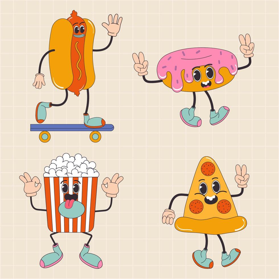 Cartoon character retro pizza, hot dog,  donut,  popcorn,  fast food 70s. In trendy groovy hippie retro style. vector