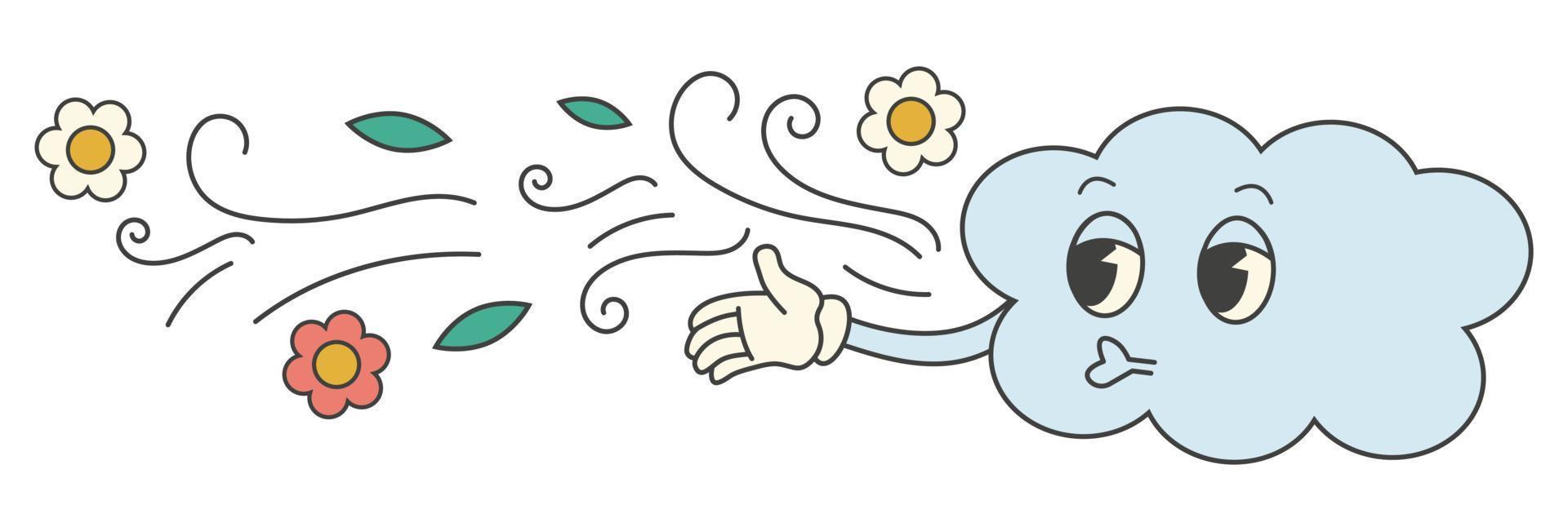 Groovy 70s spring, summer sticker. Y2k groovy cute cloud character blowing wind vector