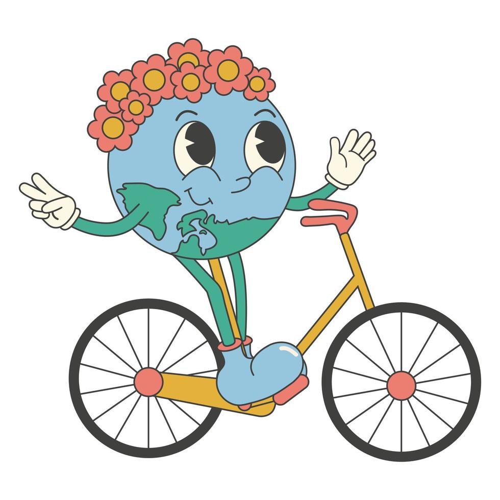 Y2k groovy earth day cartoon sticker. Environmental protection. Cute earth character riding bicycle vector