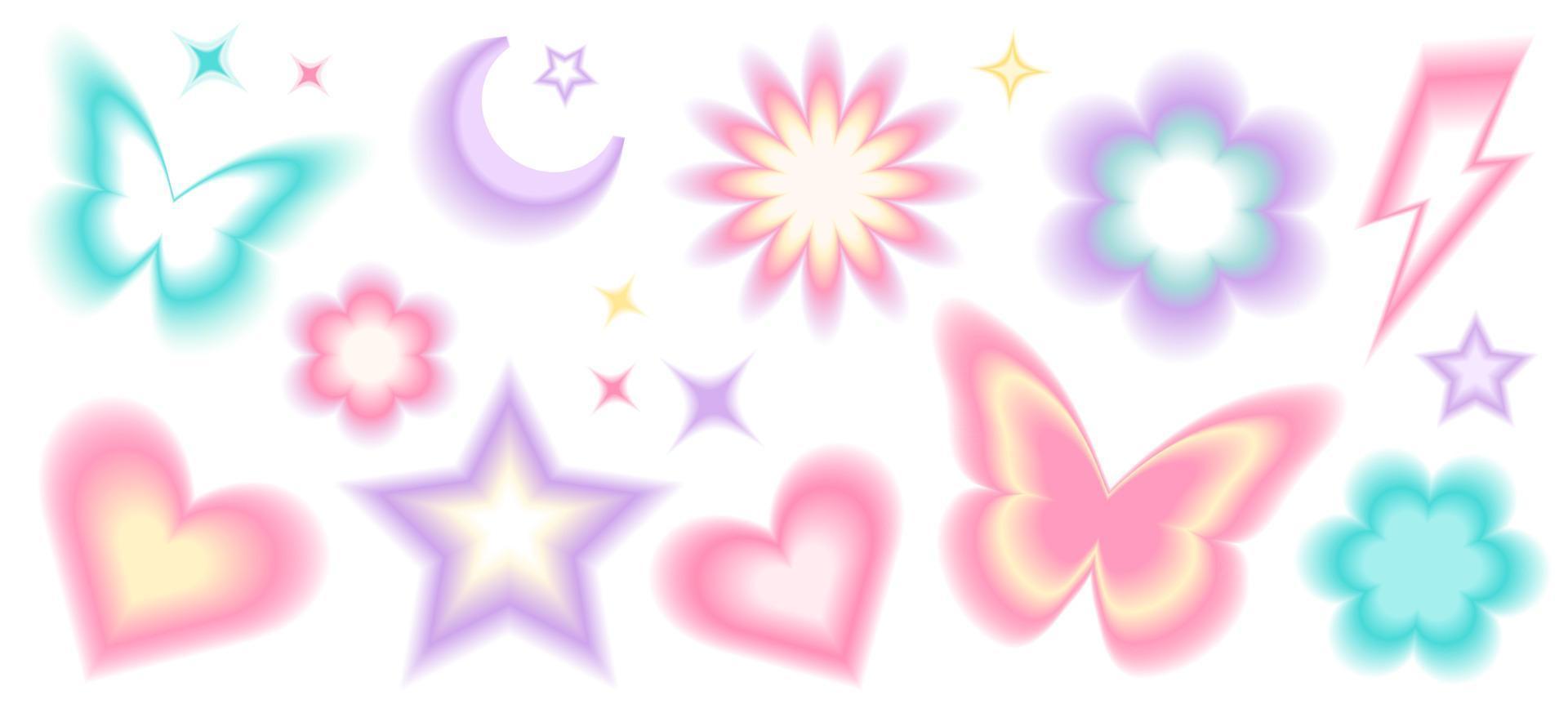 Y2k blurred gragient unfocused set. Abstract geometric shapes in trendy retro style. Heart, flower, daisy, butterfly, star, moon vector