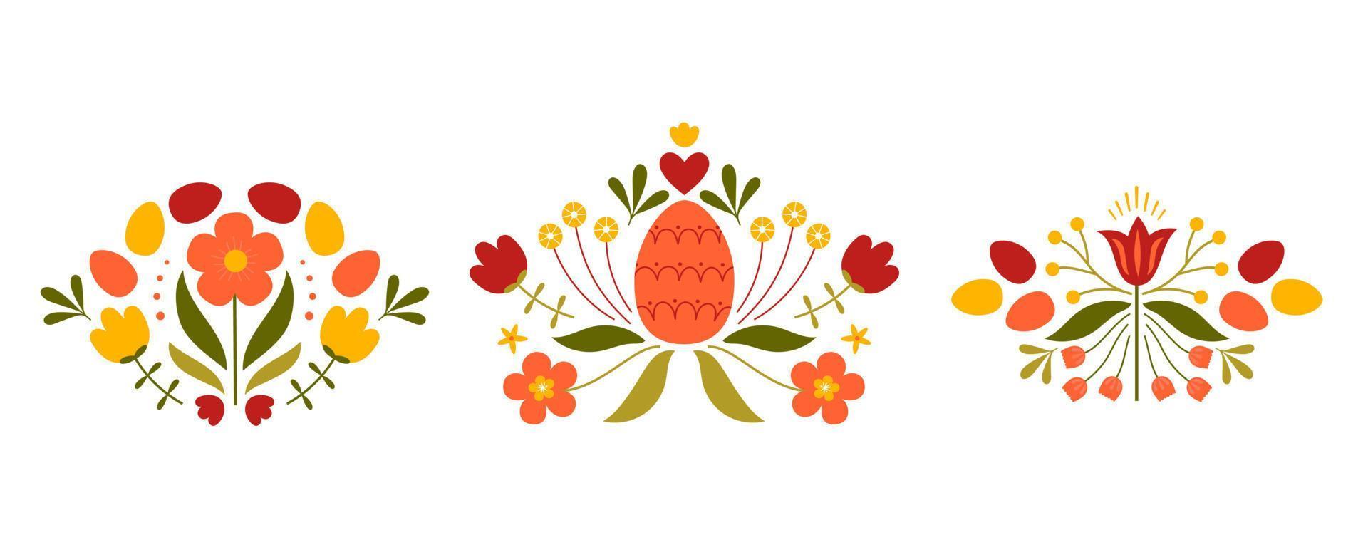Set of Easter designs with colored egg and flowers. Template for poster, greeting card, invitation or postcard. vector