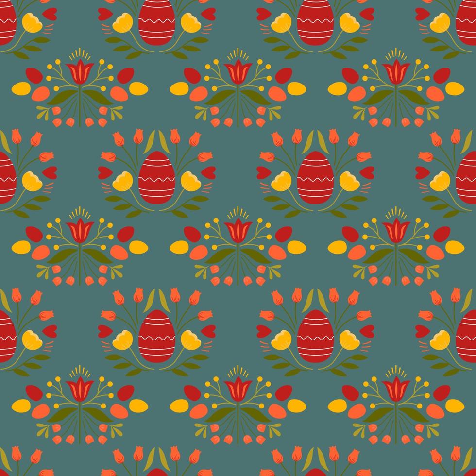 Easter seamless pattern with colored egg and flowers on blue background. Background for poster, greeting card, invitation or postcard. vector