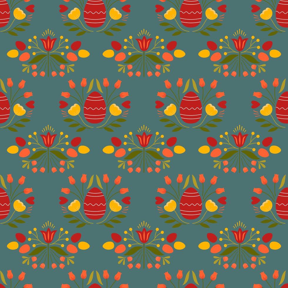 Easter seamless pattern with colored egg and flowers on blue background. Background for poster, greeting card, invitation or postcard. vector