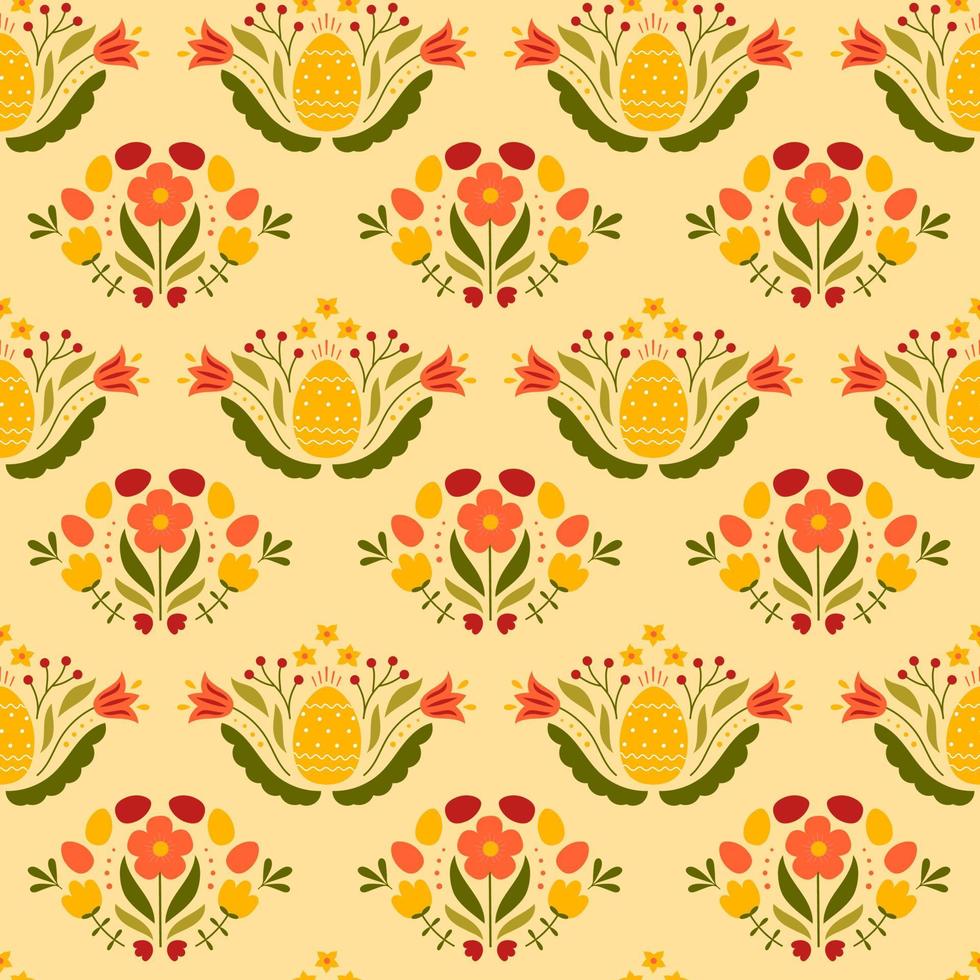 Easter seamless pattern with colored egg and flowers. Background for poster, greeting card, invitation or postcard. vector