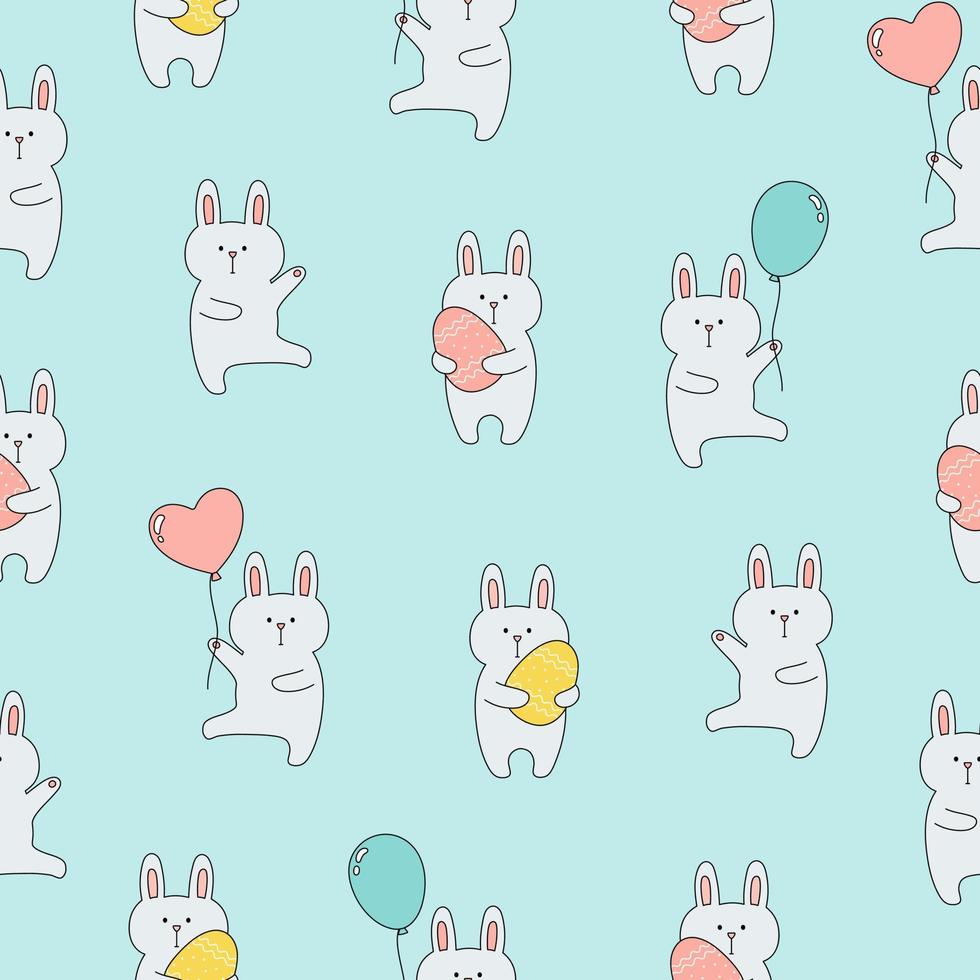 Seamless pattern with cute bunnies with balloons and easter eggs on blue background. Template for baby design. vector