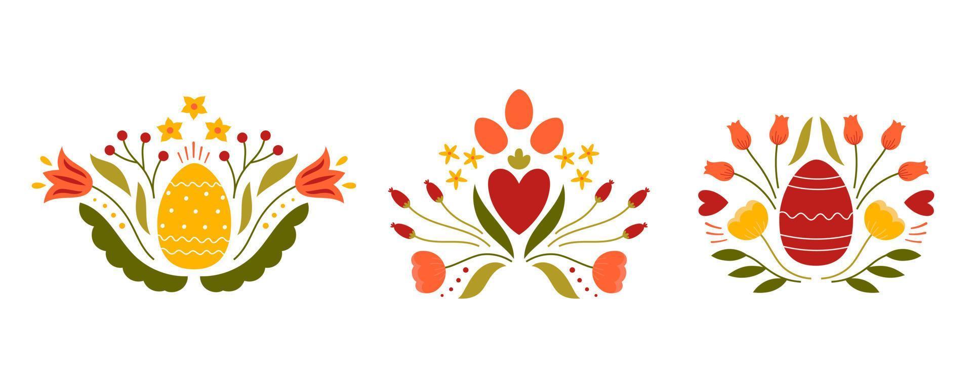 Set of Easter designs with colored egg and flowers. Template for poster, greeting card, invitation or postcard. vector