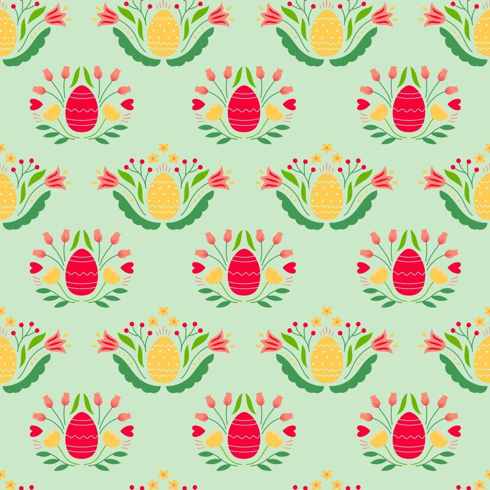 Easter seamless pattern with colored egg and flowers on blue background. Background for poster, greeting card, invitation or postcard. vector