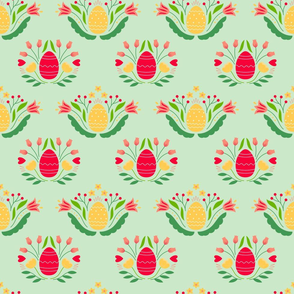 Easter seamless pattern with colored egg and flowers on blue background. Background for poster, greeting card, invitation or postcard. vector