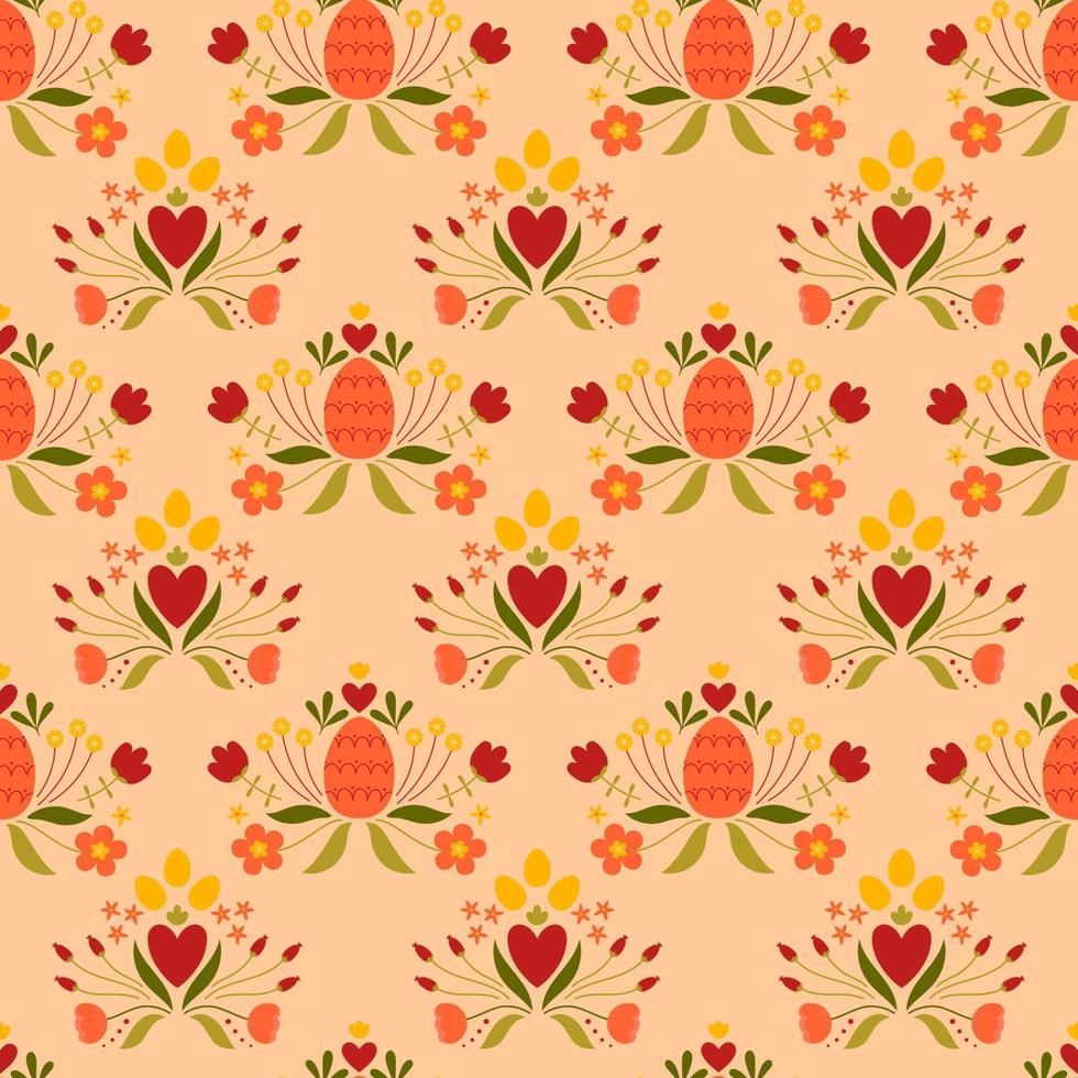 Easter seamless pattern with colored egg and flowers. Background for poster, greeting card, invitation or postcard. vector