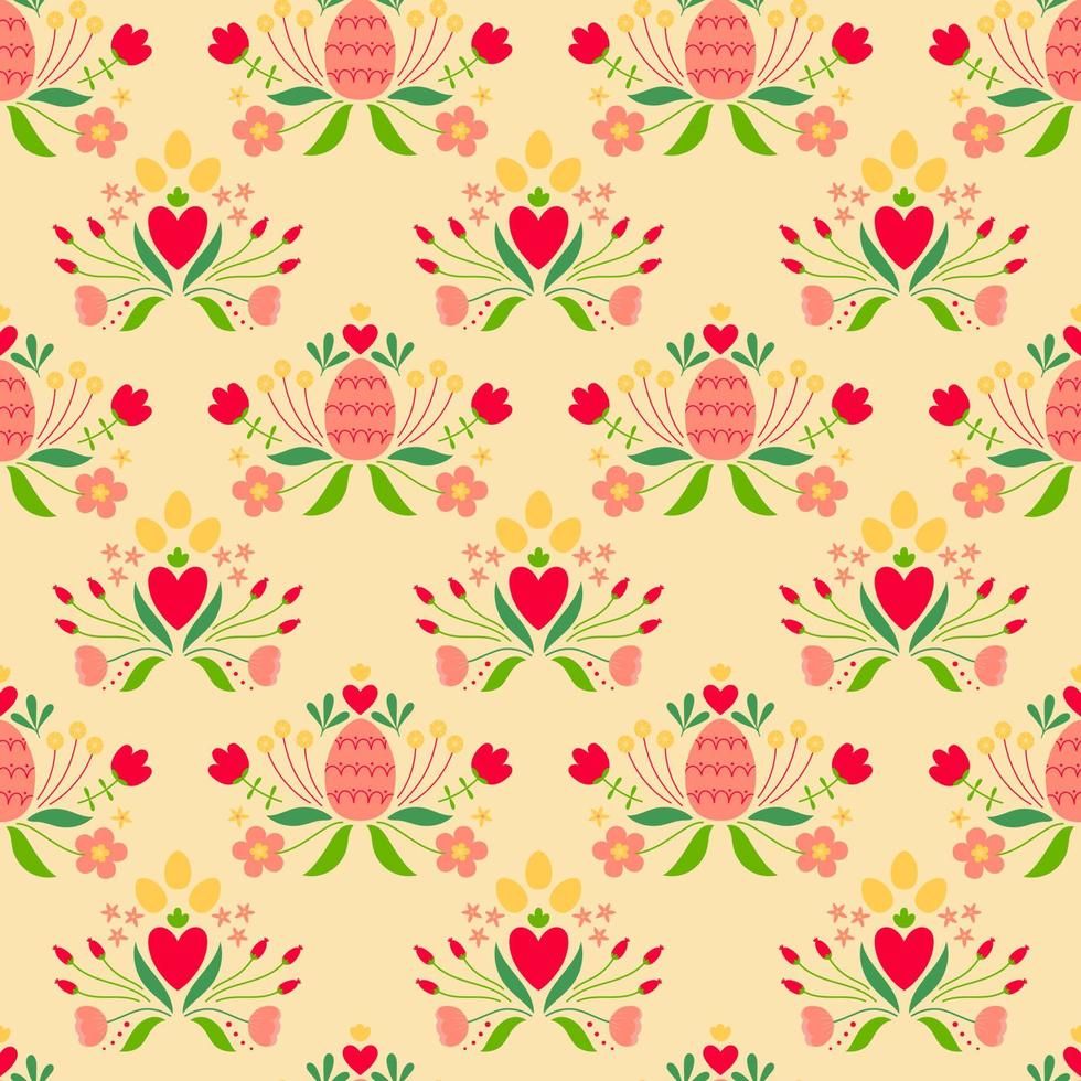 Easter seamless pattern with colored egg and flowers. Background for poster, greeting card, invitation or postcard. vector