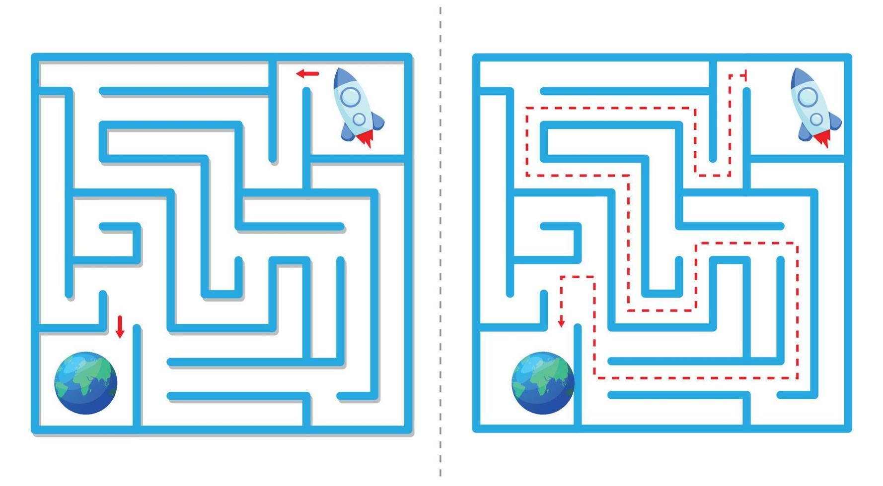 Simple  maze abstract game with answer. Help rocket fly to earth. Easy labyrinth for kids. Vector