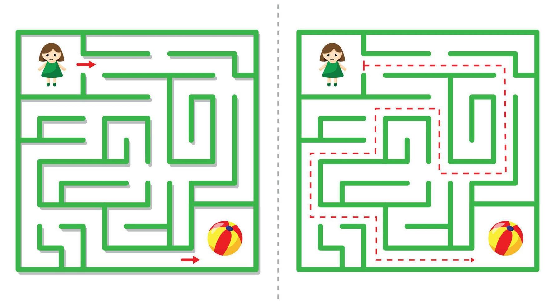 Simple  maze abstract game with answer. Help girl find ball. vector