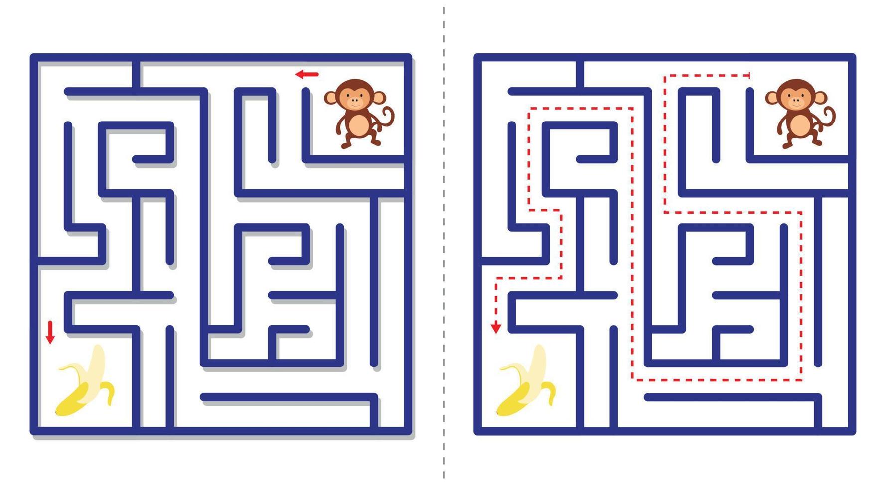 Simple  maze abstract game with answer. Help monkey find banana. vector