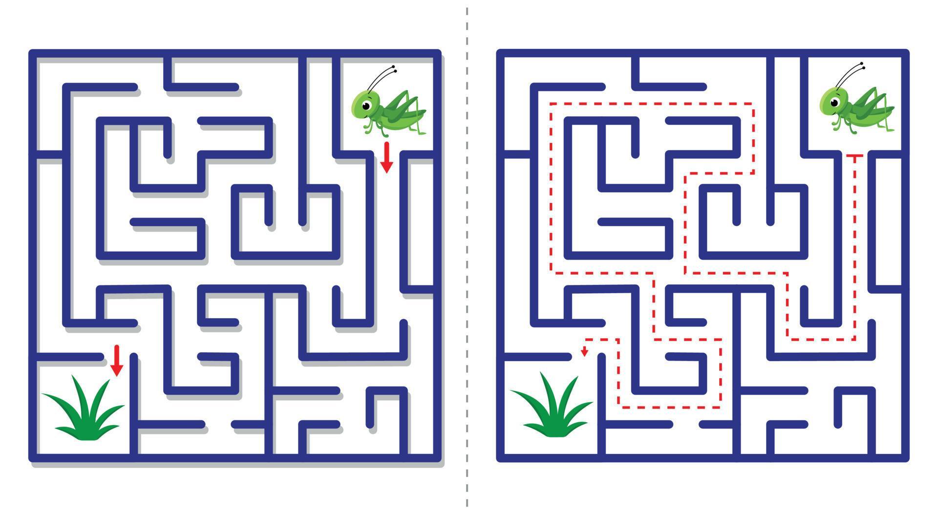 Simple maze abstract game with answer. Help grasshopper find grass ...