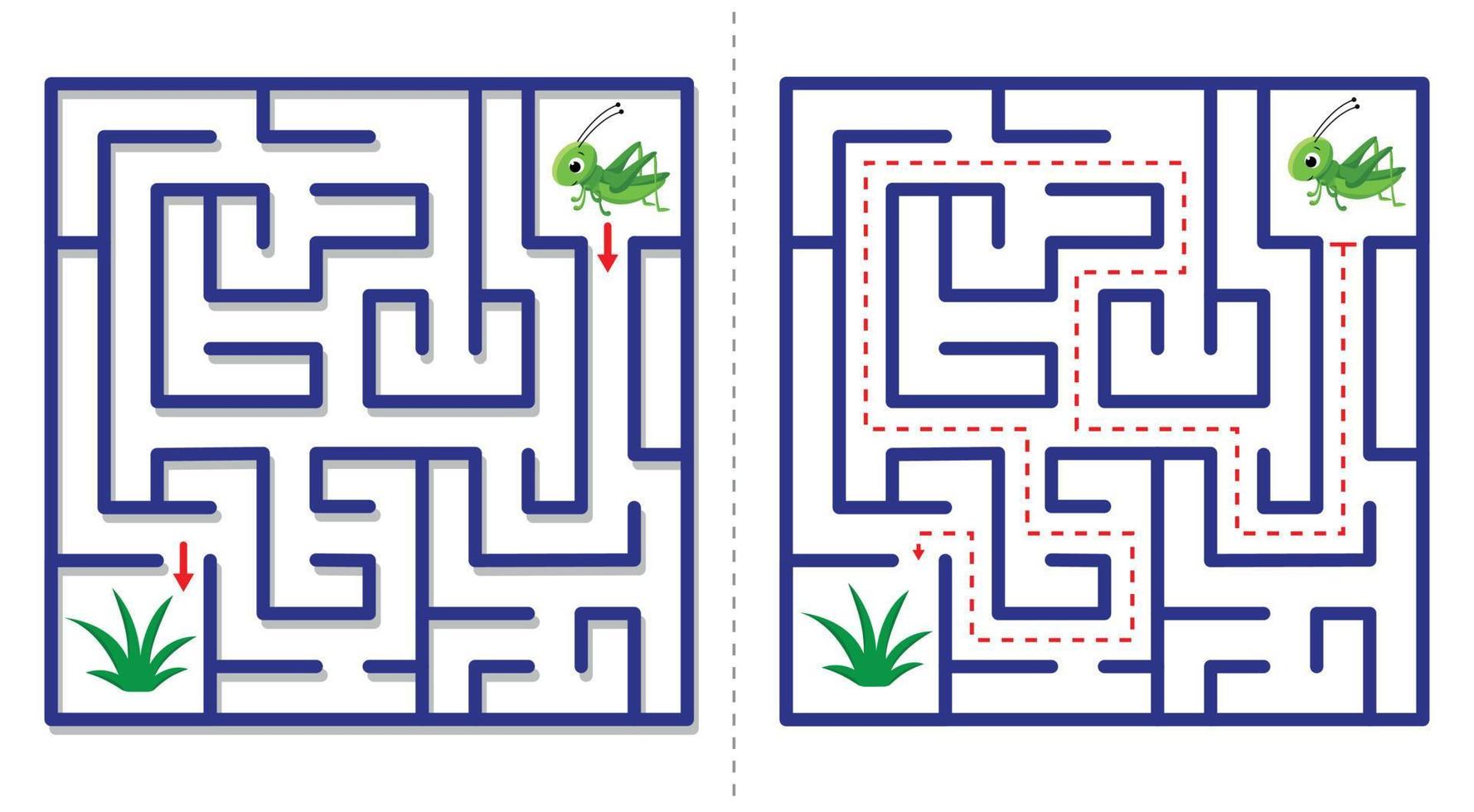 Simple  maze abstract game with answer. Help grasshopper find grass. vector