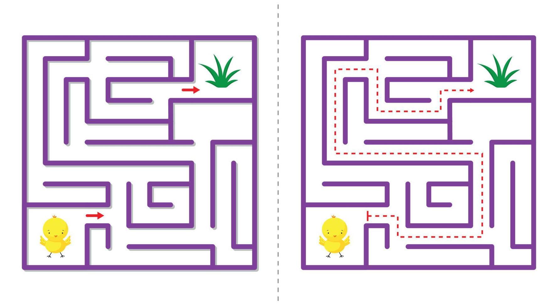 Simple  maze abstract game with answer. Help chicken find grass. vector