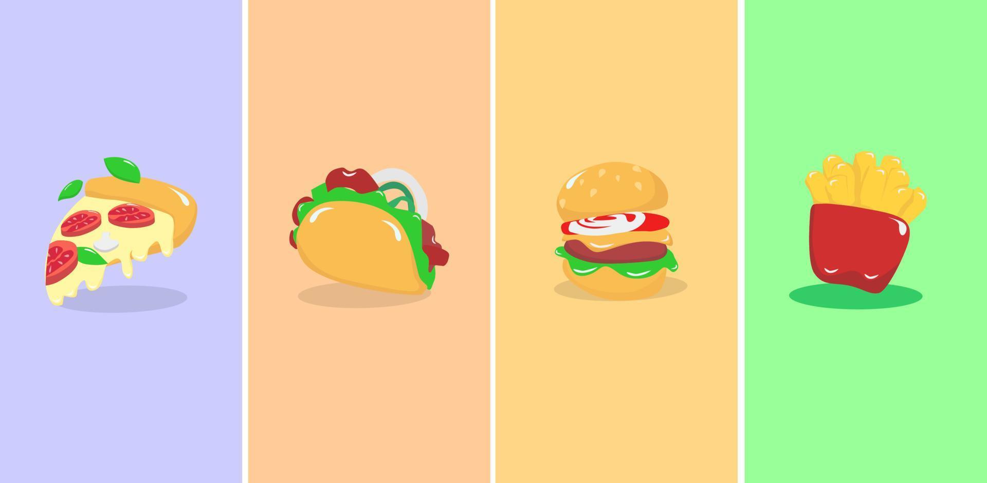 Fast food 3d realistic render vector icon set , Pizza, taco, hamburger, fries potatoes