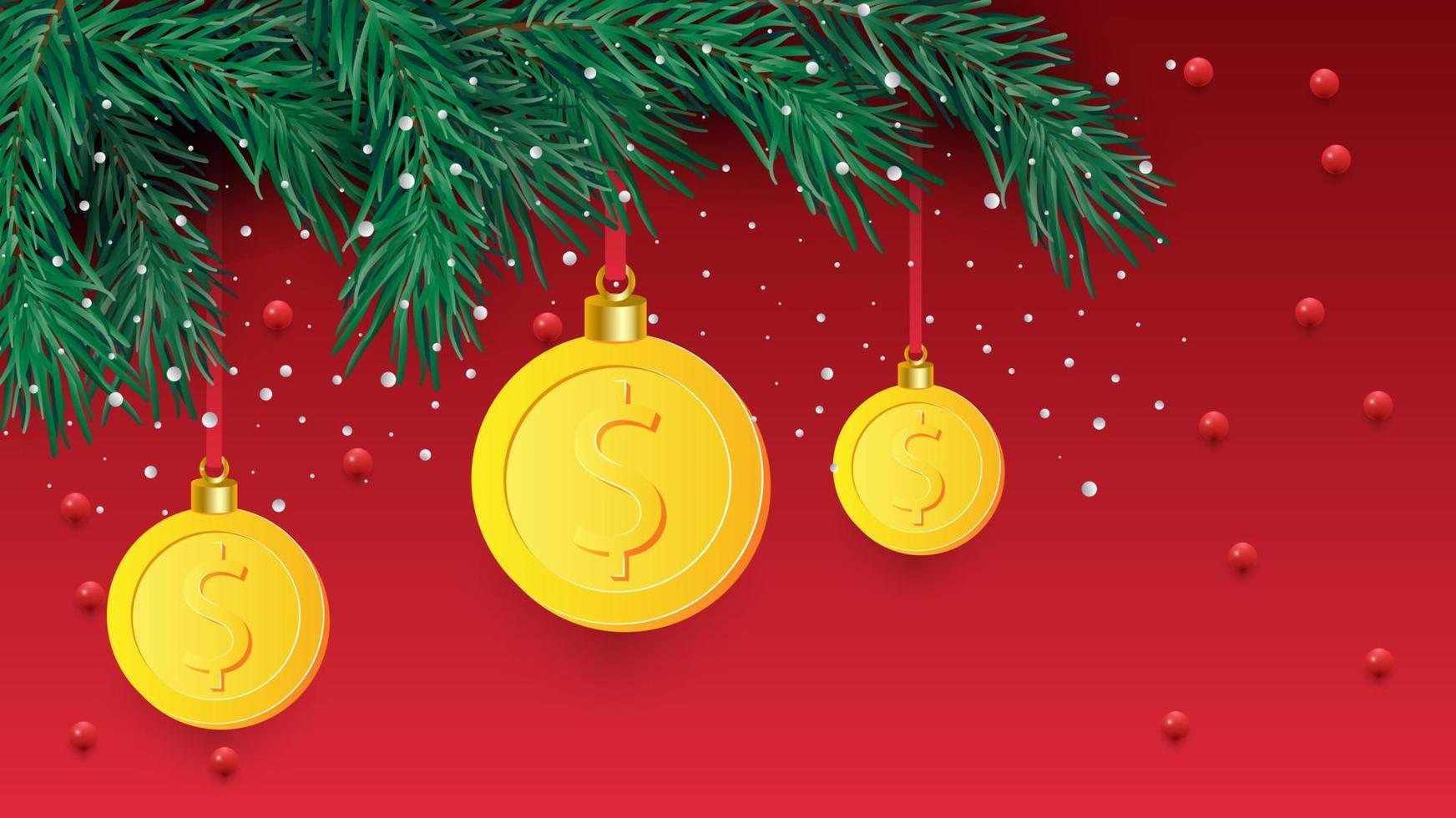 Navidad árbol rama con decorativo oro dólar símbolo. dólar firmar como Navidad chuchería colgando en pino ramita vector