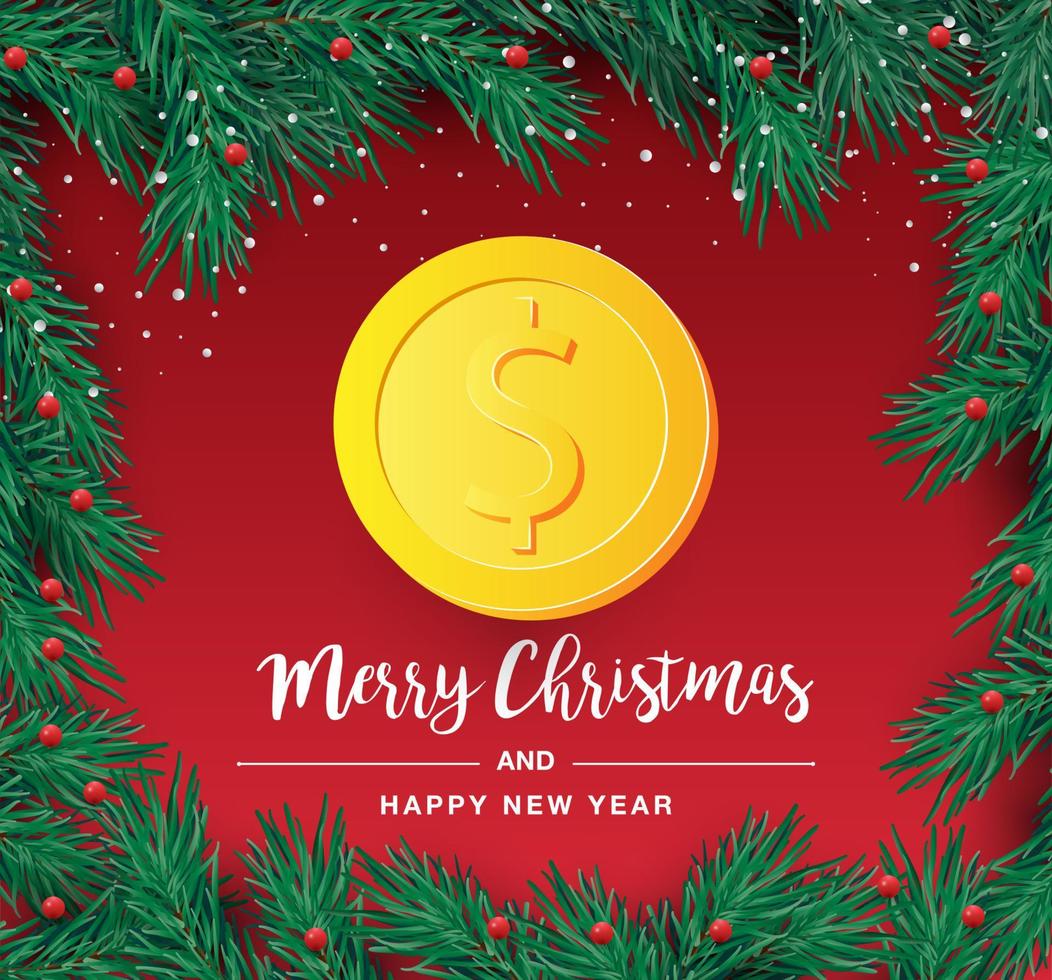 Christmas tree branch with decorative gold dollar symbol. Dollar sign as christmas bauble hanging on pine twig vector