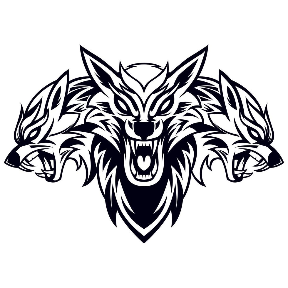 Cerberus Wolf Drawing Vector Black And White Isolated on White Background Design Template